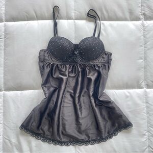 Black Rhinestone Lace Trimmed Chemise Night Dress